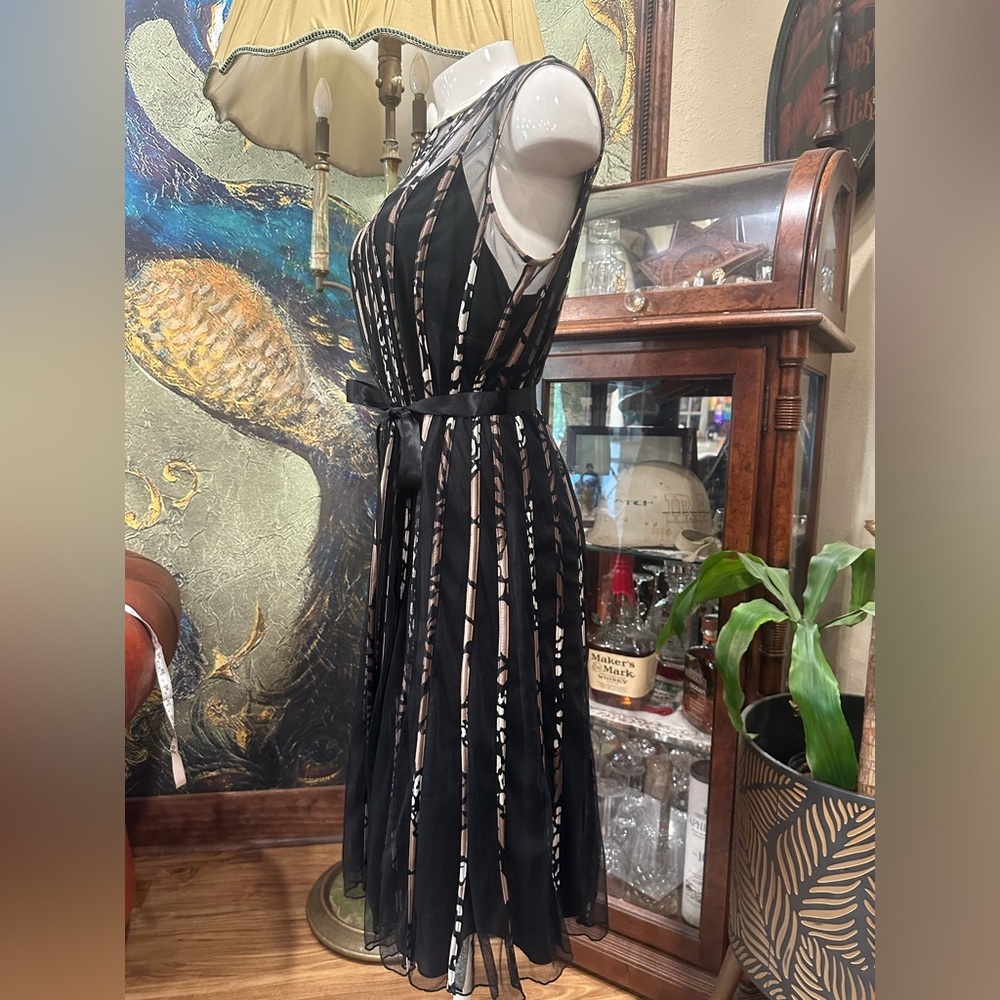 Dressbarn Collection Fit & Flare Midi Black Tan Mesh Overlay Ribbon Tie Waist - Picture 5 of 10